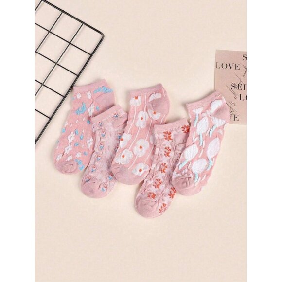 Women 5 Pairs Low-Cut Floral Print Ankle Short Socks Double-Line Anti-Slip - Picture 11 of 11
